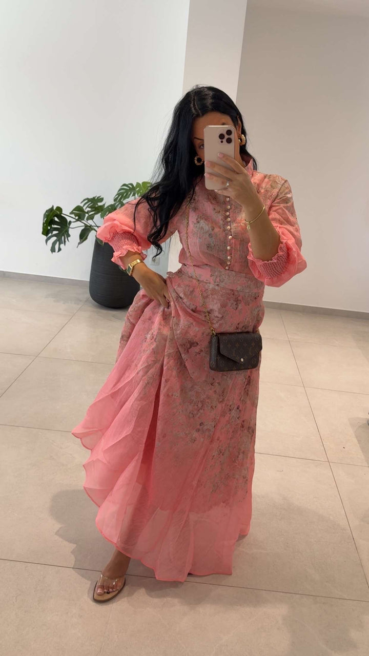ENSEMBLE CHEMISIER ET JUPE LONGUE DUBAI ROSE SAUMON FLEURIE