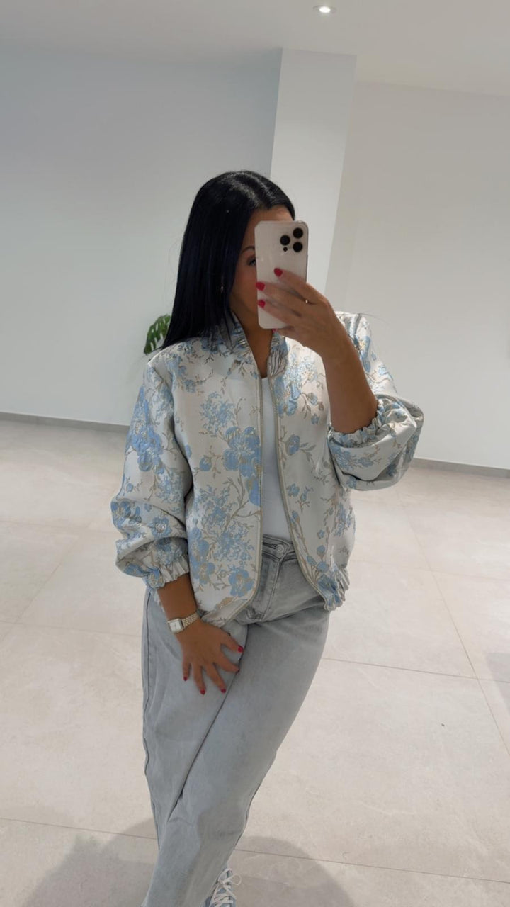VESTE GRIS FLEURIE BLEU