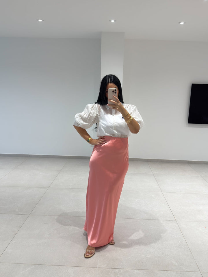 Jupe satin longue couleur saumon
